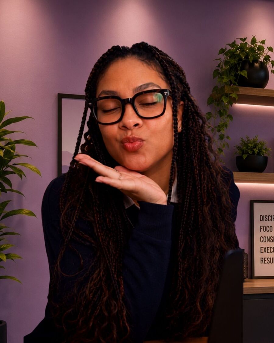 Taina mandando um beijo para a câmera no escritório