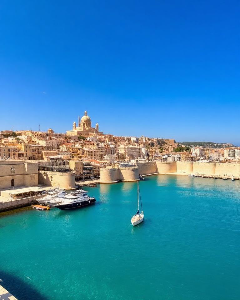 Porto de Valletta, em Malta, com mar azul-turquesa